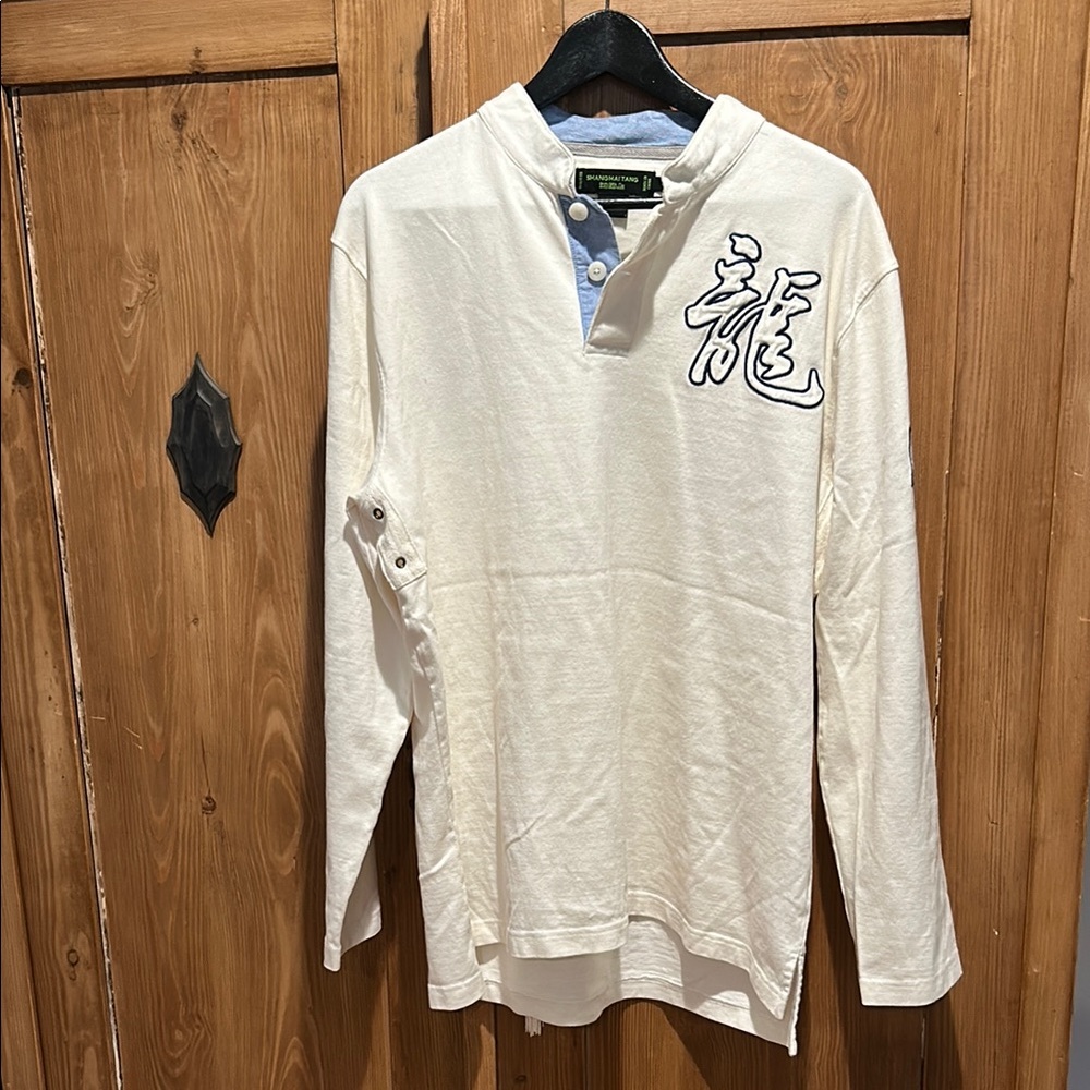 Cream Shanghai Tang Long Sleeve Sweater with Embroidered Dragon Design